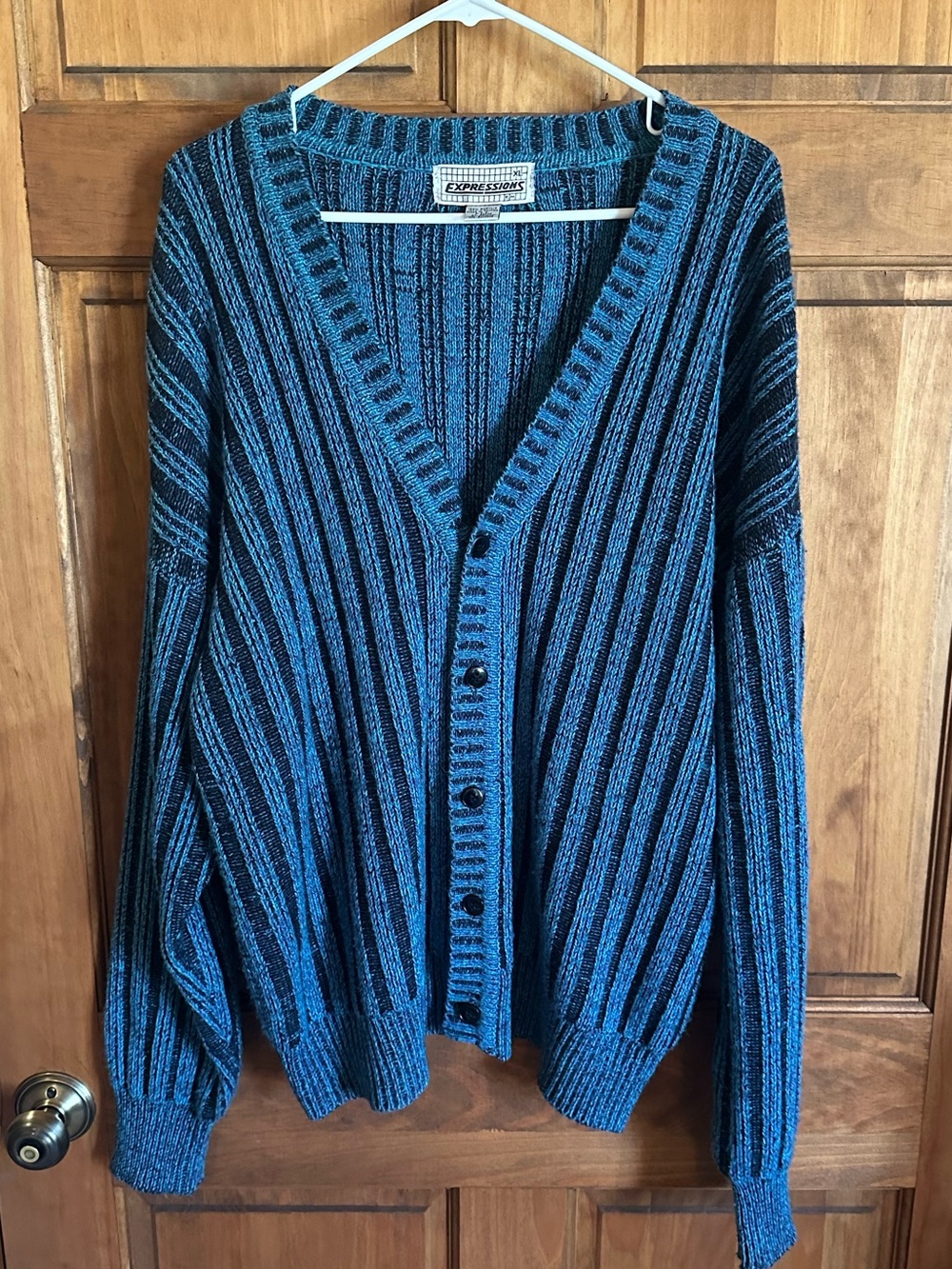 Expressions Blue and Black Striped Men's V-Neck Button Cardigan